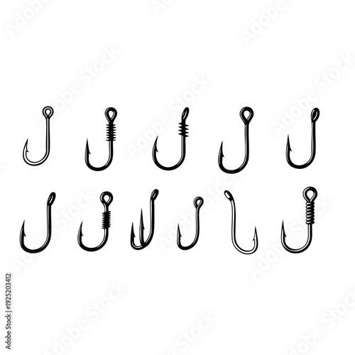 Collection of various black fishing hooks displayed on a white background