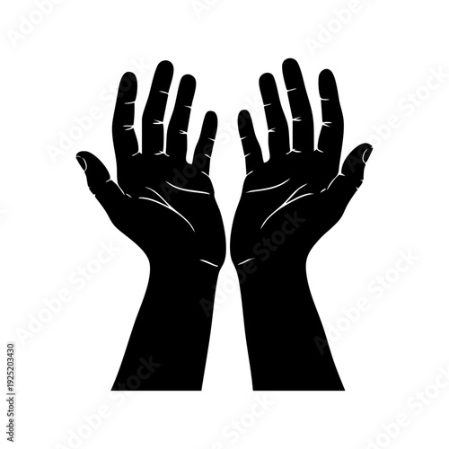Two black silhouettes of hands raised with palms facing upwards