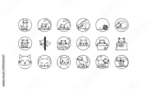 Collection of playful black and white cat icons in circular frames