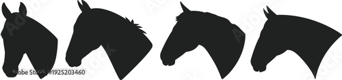 Black horse head silhouettes collection, equine profile illustration set isolated on white background, farm animal vector art design for branding