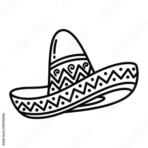 Traditional Mexican sombrero hat with decorative zigzag and dot patterns in black and white