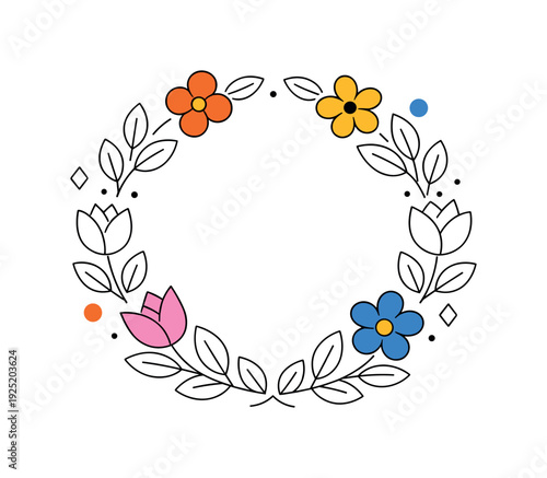 Minimal floral logo concept. Clean symmetrical flower wreath with simple geometric blossoms and evenly spaced
