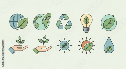 Eco friendly icons set including green earth recycling symbol light bulb with leaf water drop and hands holding sprouts on beige background