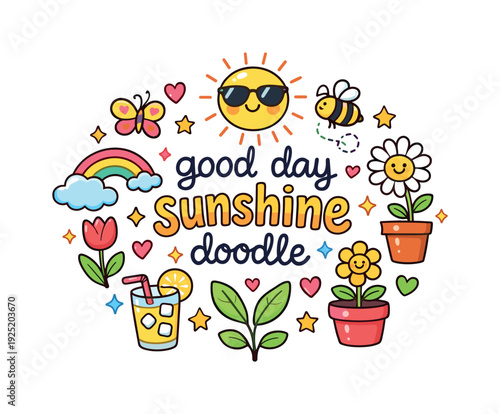 good day sunshine doodle. Hand drawn illustration of good day sunshine doodle. smiling sun, sunglasses,
