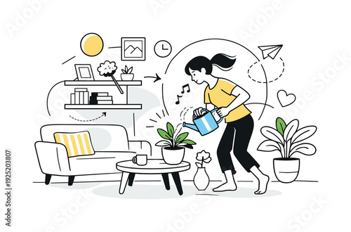 Minimalist Living Harmony. Fresh and Tidy Living Space. A minimalist living room scene with a person watering