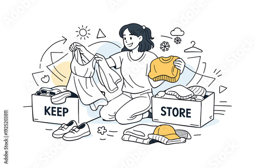 Decluttering Clothes for Spring. A dynamic scene of someone sorting garments into “Keep” and “Store” boxes,