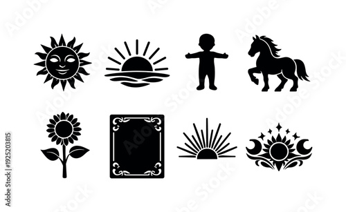 Solar tarot symbolism set. Filled icon set of Solar tarot symbolism set: smiling sun face, rising sun horizon,