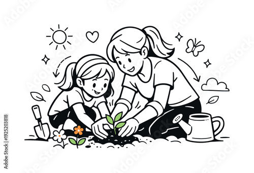 Planting Flowers Together. A mother guiding her daughter’s hands as they gently place a seedling into the