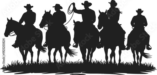 Silhouette of cowboy riders on horseback with lasso, western ranch scene isolated on white background, country lifestyle illustration