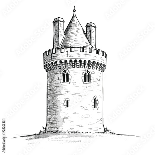 Detailed illustration of a medieval stone tower with crenellations and a conical roof