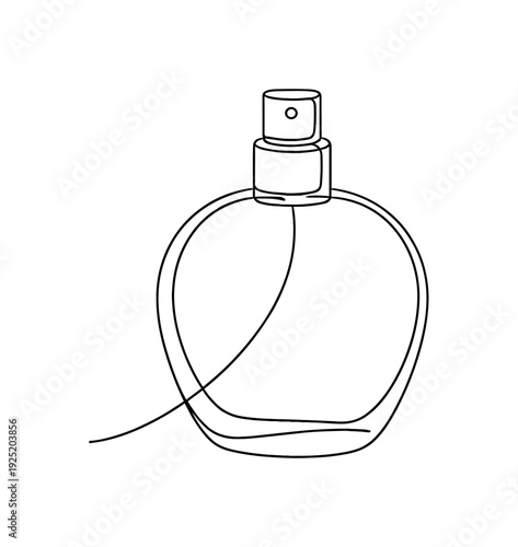 "Perfume Bottle". Minimalistic one-line drawing elegant perfume bottle with rounded glass body and small spray