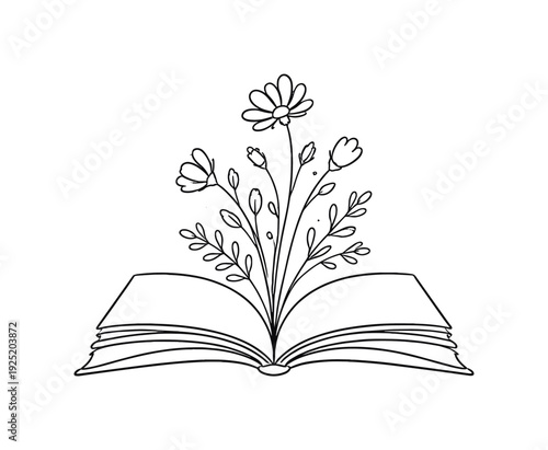 "Book with Blooming Pages". Minimalistic one-line drawing open book with flowers and leaves emerging upward