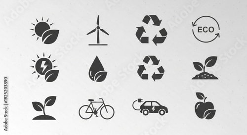 Eco friendly icons set including renewable energy recycling and sustainable living symbols for environmental conservation and green technology
