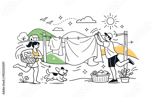 Fresh and Clean Outdoor Scene. A minimalist countryside yard with a simple clothesline stretched between