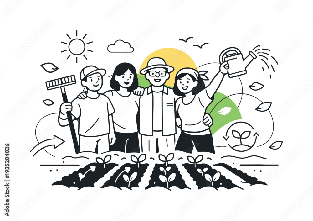 Obraz premium Growing Together Outdoors. A cheerful group standing proudly beside freshly planted rows, one person holding a