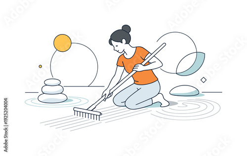 Serene Zen Garden. Zen gravel garden. A woman slowly drawing parallel lines in light sand with a garden rake,