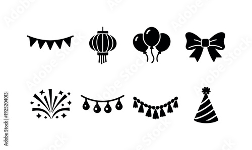 Festival Decorations Pattern. Filled icon set of Festival Decorations Pattern: flag bunting, paper lantern,
