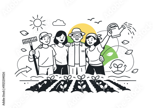 Growing Together Outdoors. A cheerful group standing proudly beside freshly planted rows, one person holding a