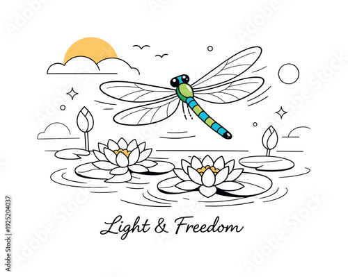 Summer pond serenity. A graceful dragonfly hovering above calm water lilies, transparent wings spread wide