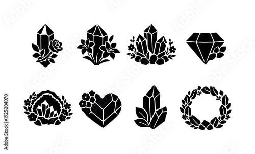 Floral crystal line art set. Filled icon set of Floral crystal line art set: crystal point with rose branch,