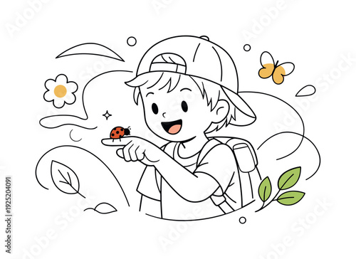 Kids nature exploration. A curious child pointing at a ladybug resting on their fingertip, joyful smile and