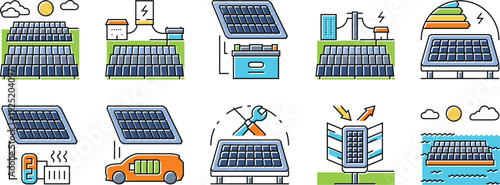 Collection of 10 vibrant flat-line icons depicting solar energy systems, including large-scale solar farms, residential charging, electric vehicle integration, and floating solar panels.