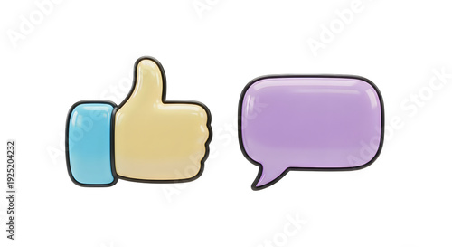 Yellow thumb up with blue detail next to purple speech bubble