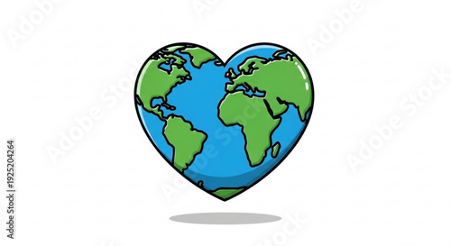 Heart shaped earth with green continents and blue oceans on white background