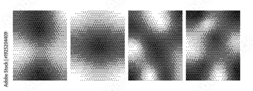 Retro bitmap backgrounds set. Halftone abstract pixelated poster card. Geometric Grunge black frame dither dots texture. Vector illustration pixel art. Gradient wallpaper template