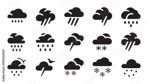 Weather forecast icon set with diverse cloud shapes rain drops lightning bolts and winter snowflakes