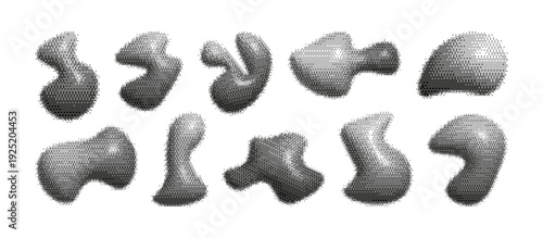 Abstract liquid shapes with gradient bitmap texture. Modern pixel graphic elements. Dynamical pixelated retro forms. Flowing drops, wavy figure. Y2k dither vector illustration.