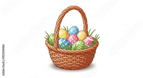 Colorful easter eggs in a wicker basket on green grass symbolizing springtime and holiday celebrations