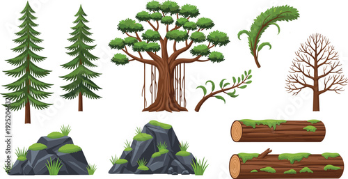 Collection of forest elements including evergreen trees, bare tree, large trunk with vines, ferns, rocks, and mossy logs isolated on white background for nature design concepts