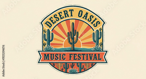Vibrant desert oasis music festival logo with cacti and sunset background for event promotion and branding