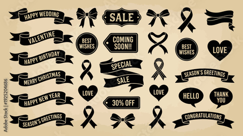 Vintage Black Silhouette Ribbon and Tag Vector Set