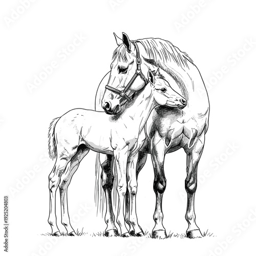 Mother horse and foal standing together in a tender embrace, black and white sketch