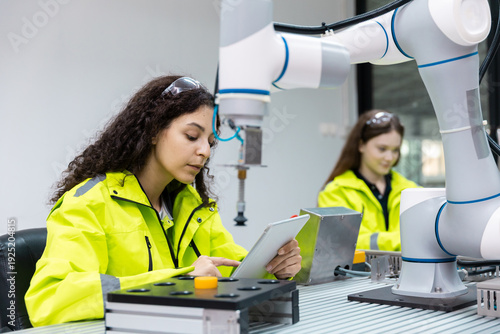 Photography Female engineer operating collaborative robotic arm in smart factory, using tablet for quality control, automation monitoring, highlighting precision engineering, advanced manufacturing technology