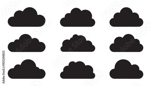 Fluffy cloud silhouettes collection featuring organic rounded shapes for sky backgrounds and designs