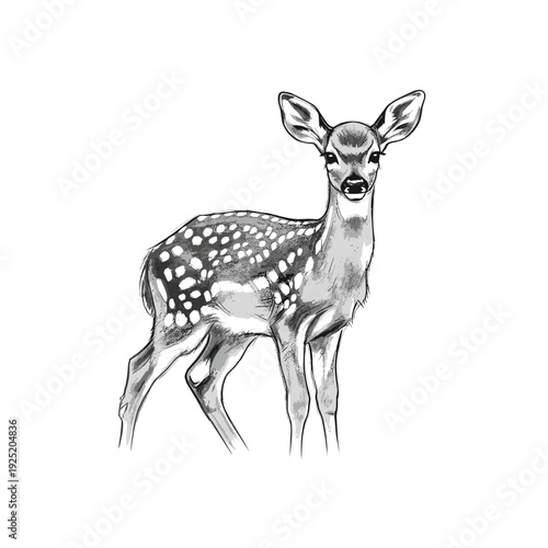 Charming watercolor sketch of a spotted fawn standing gracefully against a white background