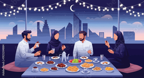 Muslim family enjoying Iftar meal during Ramadan. Flat vector illustration of people breaking fast at night with city skyline background.