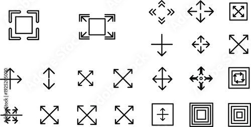 Fullscreen icon set. Expand and minimize screen view with directional arrows vector illustration. Resize and adjust display symbol. Zoom control sign. Screen mode adjustment