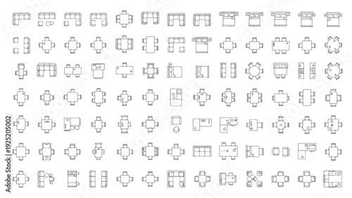 Modern home layout blueprint featuring diverse furniture icons including sofas, chairs, tables, cabinets, and bedroom furnishings in clean outline style.