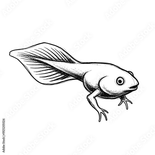 Sketch of a tadpole with developed legs and a large tail, isolated on white