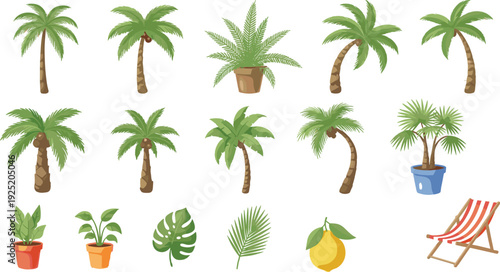 Collection of tropical palm trees, potted plants, beach chair, lemon fruit and leaves isolated on white background, summer vacation botanical illustration for eco design concepts