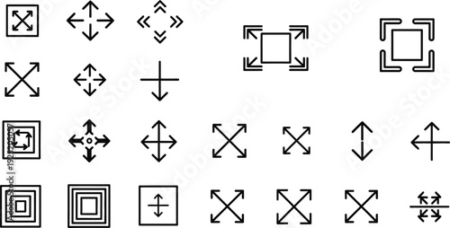 Fullscreen icon set. Expand and minimize screen view with directional arrows vector illustration. Resize and adjust display symbol. Zoom control sign. Screen mode adjustment