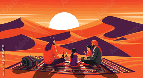 Middle Eastern family enjoying a picnic on a rug in a desert landscape at sunset. Cultural travel vector illustration.