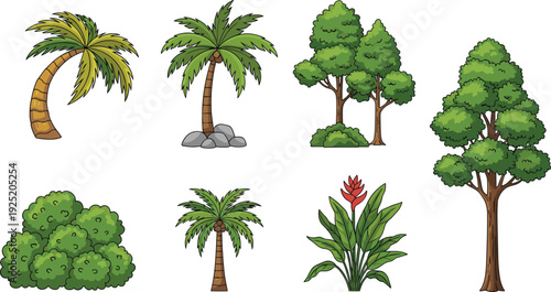 Collection of tropical and forest vegetation including palm trees, leafy trees, bush, and flowering plant isolated on white background for nature, ecology, and design concepts