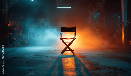 an empty film director's chair stands in the center of an industrial warehouse, illuminated by spotlights and surrounded by smoke.