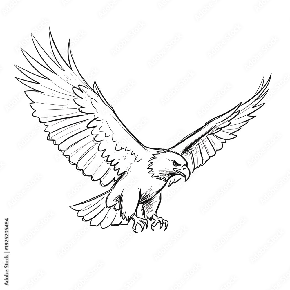 Fototapeta premium Detailed line art illustration of a majestic eagle in flight with wings spread wide