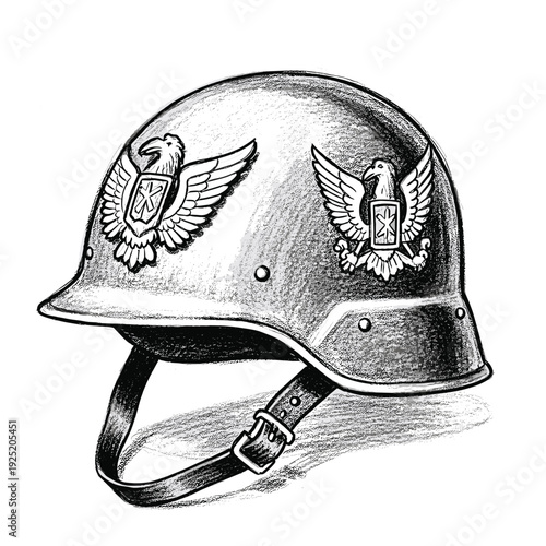 Vintage military helmet with eagle emblem and chin strap, hand-drawn illustration